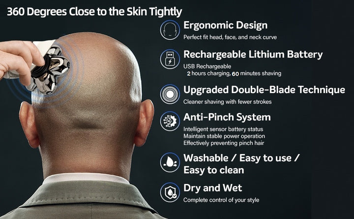 Vablee™ 7D Bald Shaver Multi Grooming Kit Wireless Charging | Experience the future of shaving with our upgraded wireless shaver. Flexing razor heads contour to your head and face, providing an intuitive and mirror-free experience. Achieve the closest, safest shave in just 60 seconds with precision blades and enjoy the convenience of wireless charging. Upgrade your grooming routine today.